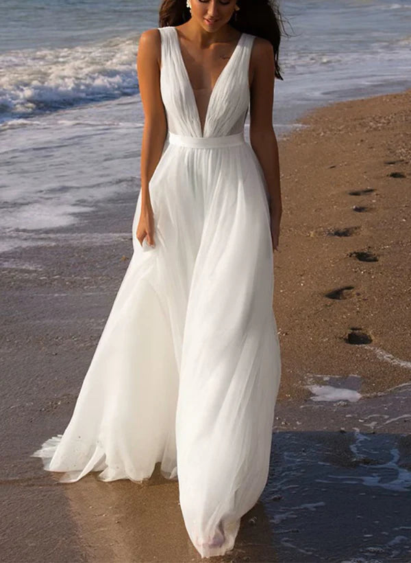 Buyishang A-Line Deep V-neck Sleeveless Sweep Train Tulle Beach Wedding Dresses