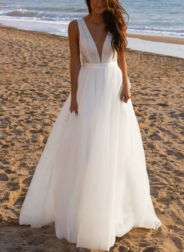 Buyishang A-Line Deep V-neck Sleeveless Sweep Train Tulle Beach Wedding Dresses