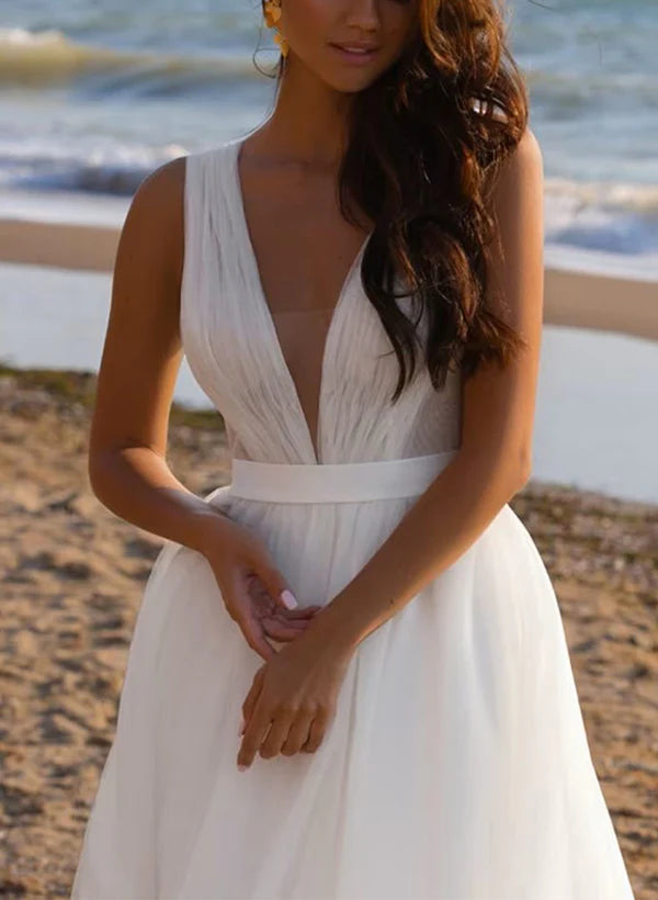 Buyishang A-Line Deep V-neck Sleeveless Sweep Train Tulle Beach Wedding Dresses