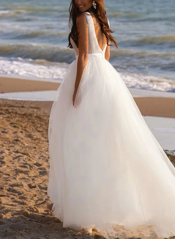 Buyishang A-Line Deep V-neck Sleeveless Sweep Train Tulle Beach Wedding Dresses