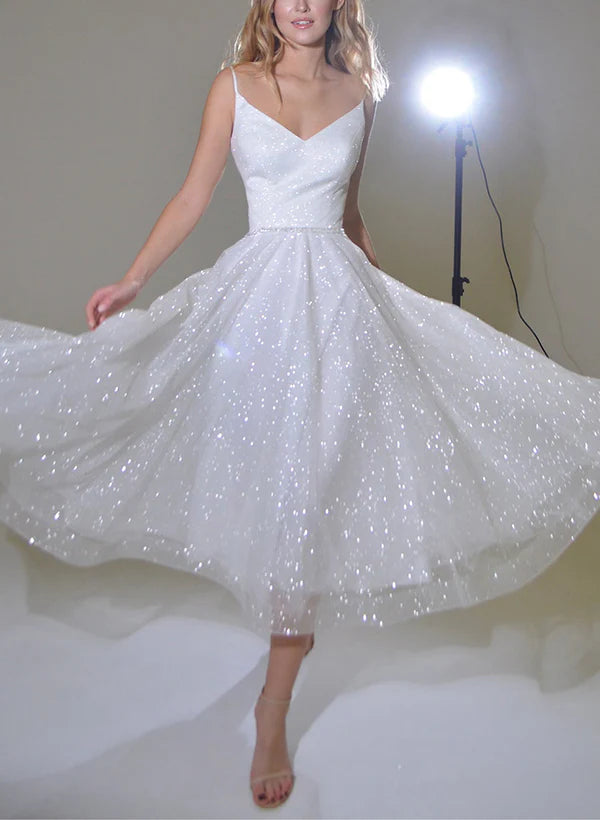 Buyishang Shiny A-Line V-Neck Sleeveless Little White Sequined Wedding Dresses