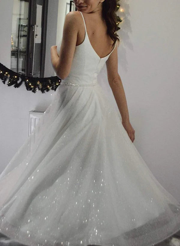 Buyishang Shiny A-Line V-Neck Sleeveless Little White Sequined Wedding Dresses
