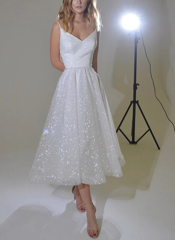 Buyishang Shiny A-Line V-Neck Sleeveless Little White Sequined Wedding Dresses