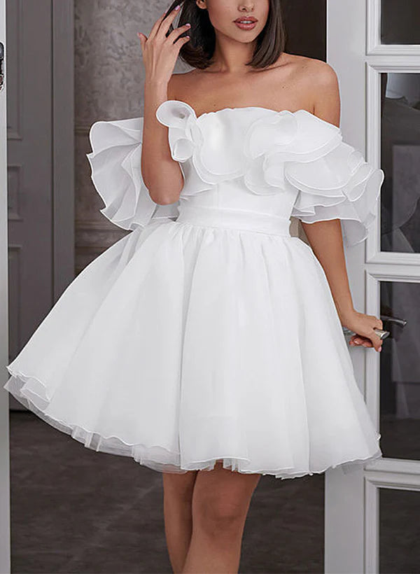 Buyishang A-Line Off-The-Shoulder Sleeveless Short Mini Organza Wedding Dresses