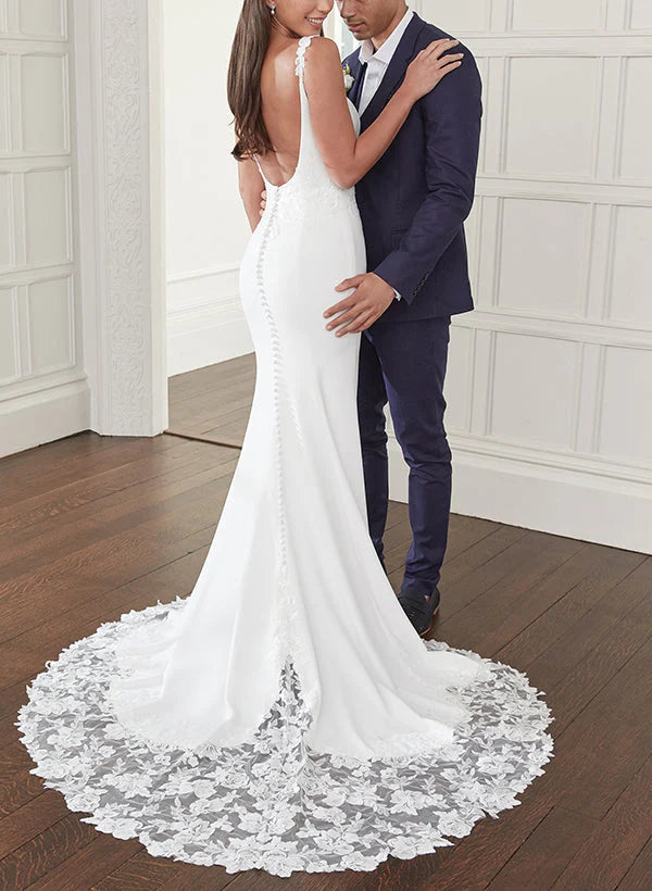 Buyishang Trumpet Mermaid Square Neckline Lace  Satin Wedding Dresses