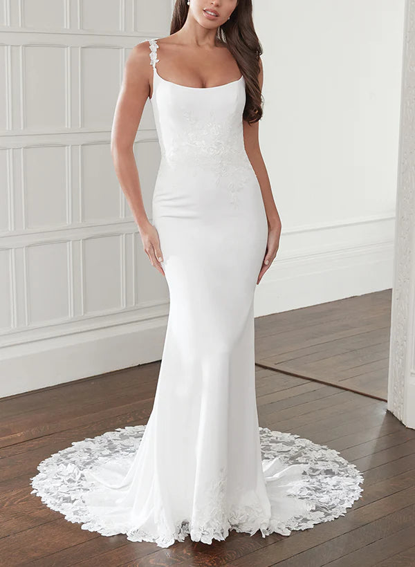 Buyishang Trumpet Mermaid Square Neckline Lace  Satin Wedding Dresses