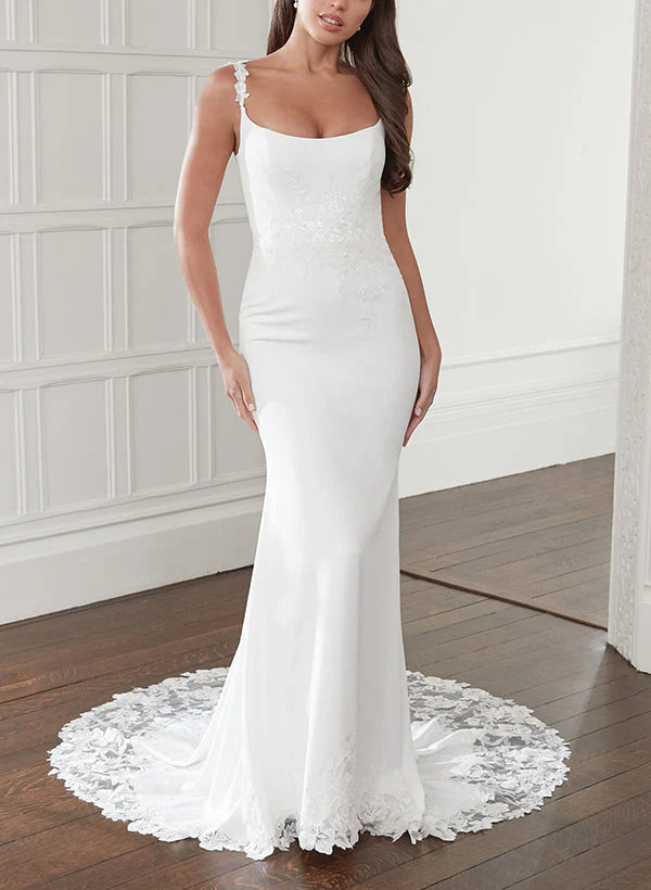 Buyishang Trumpet Mermaid Square Neckline Lace  Satin Wedding Dresses