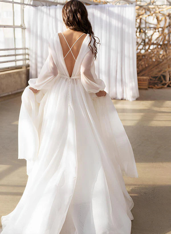 Buyishang A-Line Illusion Neck Long Sleeves Sweep Train Chiffon Wedding Dresses