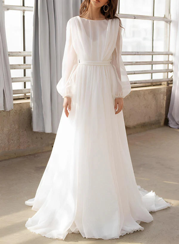 Buyishang A-Line Illusion Neck Long Sleeves Sweep Train Chiffon Wedding Dresses
