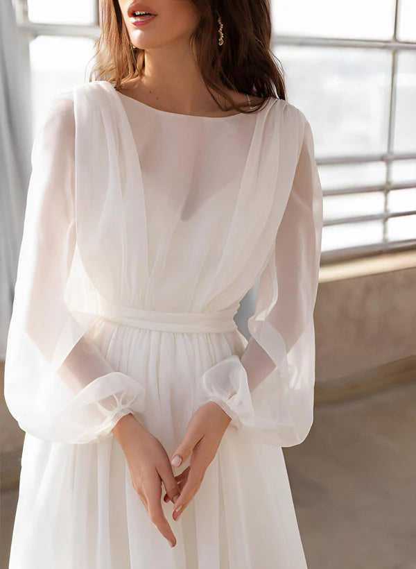 Buyishang A-Line Illusion Neck Long Sleeves Sweep Train Chiffon Wedding Dresses