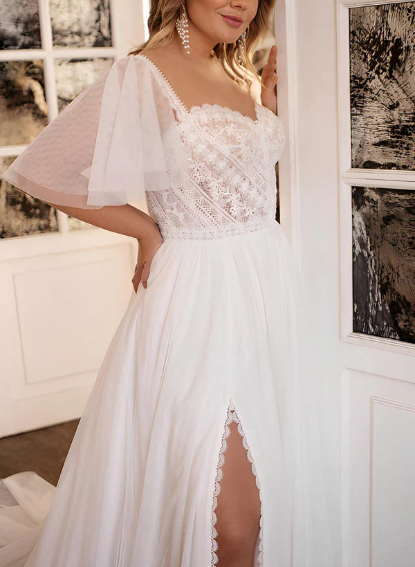 Buyishang Plus Size Sweetheart Short Sleeves Sweep Train Chiffon Wedding Dresses