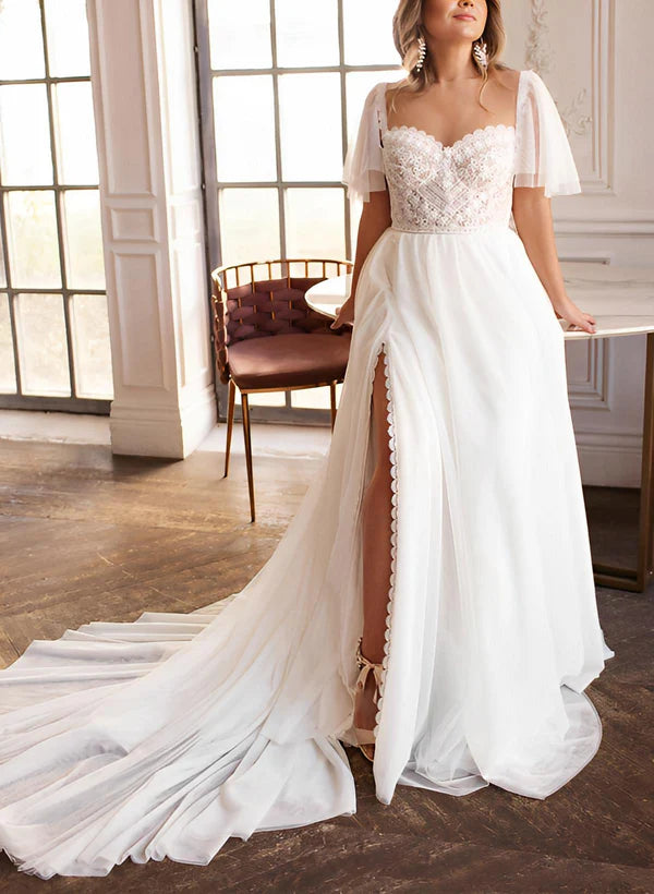Buyishang Plus Size Sweetheart Short Sleeves Sweep Train Chiffon Wedding Dresses