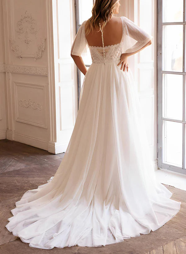 Buyishang Plus Size Sweetheart Short Sleeves Sweep Train Chiffon Wedding Dresses