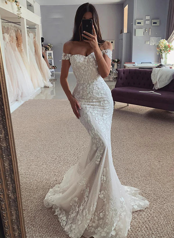 Buyishang Mermaid Off-The-Shoulder Sleeveless Lace Wedding Dresses