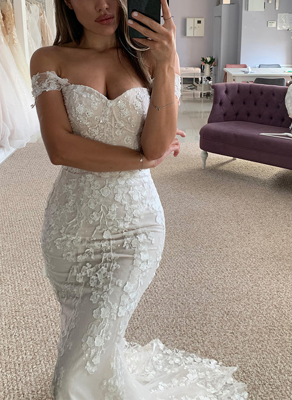Buyishang Mermaid Off-The-Shoulder Sleeveless Lace Wedding Dresses