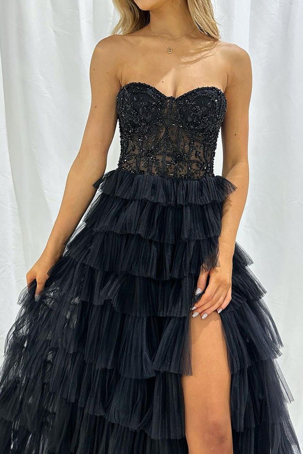 Stylish A Line Sweeteart Black Corset Prom Dress with Ruffles
