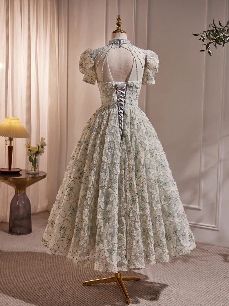 Buyishang Unique Hight Neck Tulle Lace Tea Length Prom Dress Light Green Formal Dress