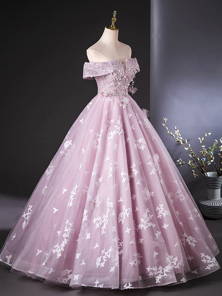 Buyishang A-Line Off Shoulder Tulle Lace Pink Long Prom Dress Pink Long Formal Dress