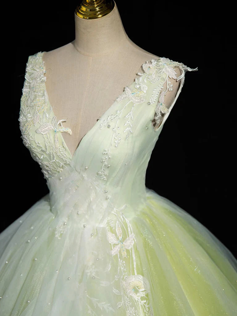 Buyishang A-Line V Neck Lace Tulle Green Long Prom Dress Green Sweet 16 Dress