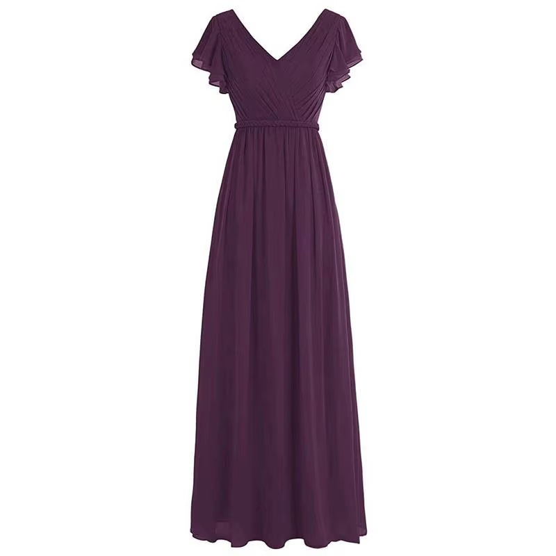 Buyishang A Line Chiffon Elegant V Neck Pleat Sashes Short Sleeve Bridesmaid Dresses Wedding Party Formal Prom Evening Lace Up Back ﻿