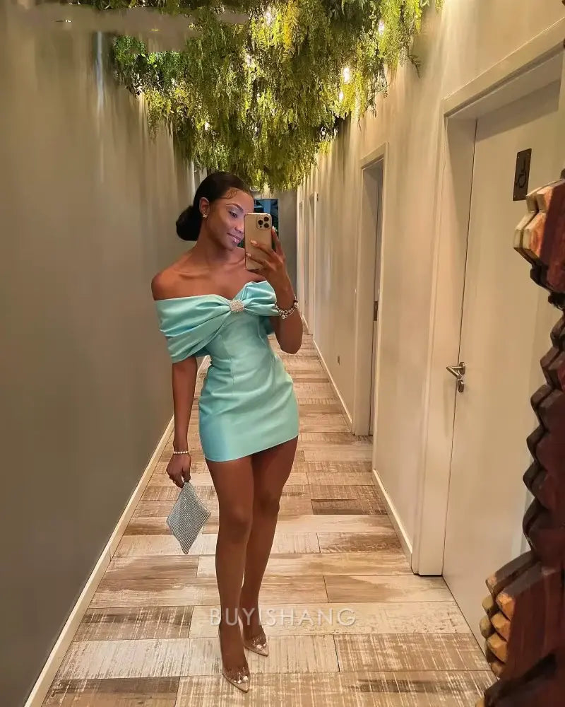 Buyishang 16th Birthday Off The Shoulder Homecoming Dresses Tiffany Blue Mini Bowknot Party Dress