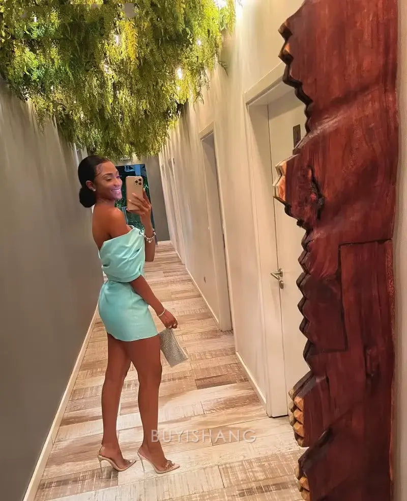 Buyishang 16th Birthday Off The Shoulder Homecoming Dresses Tiffany Blue Mini Bowknot Party Dress