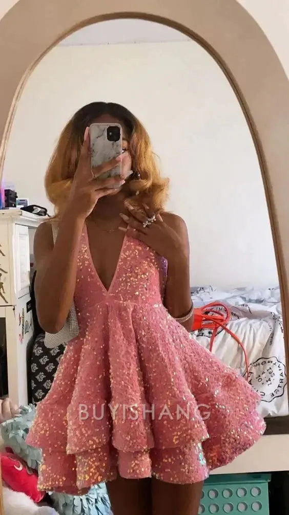 Buyishang 16th Birthday Outfit black Girl Hoco Dress Pink Sequin Homecoming Dresses