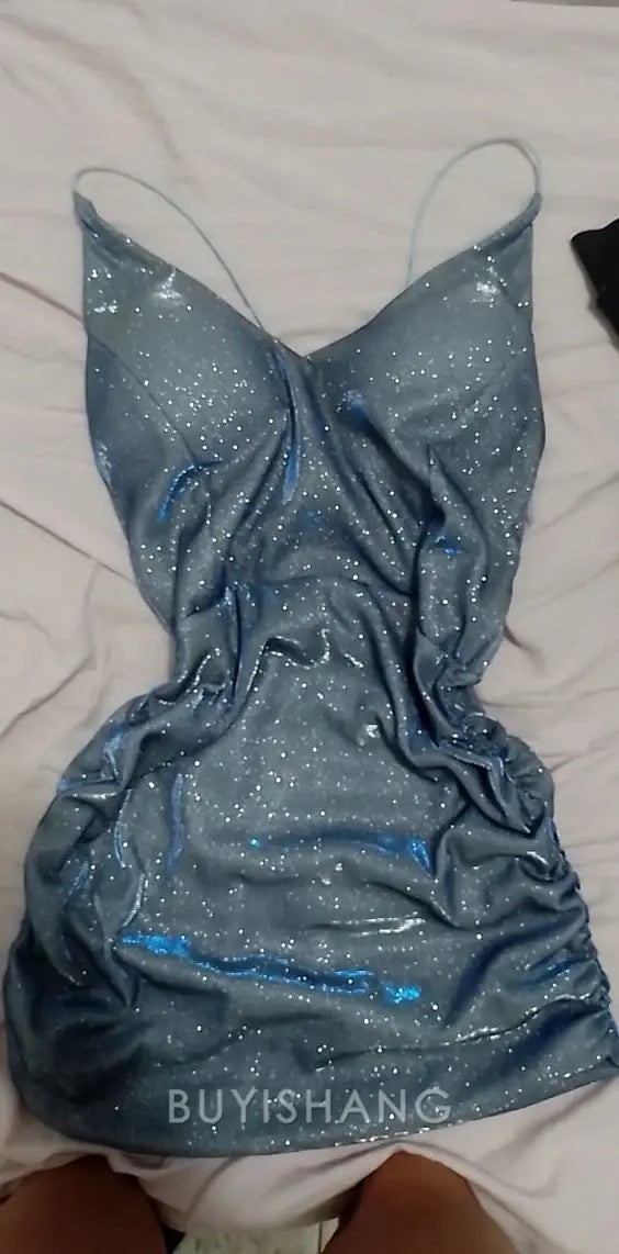 Buyishang 16th Birthday Sheath Blue Sequin Short Homecoming Dresses Mini Party Dress