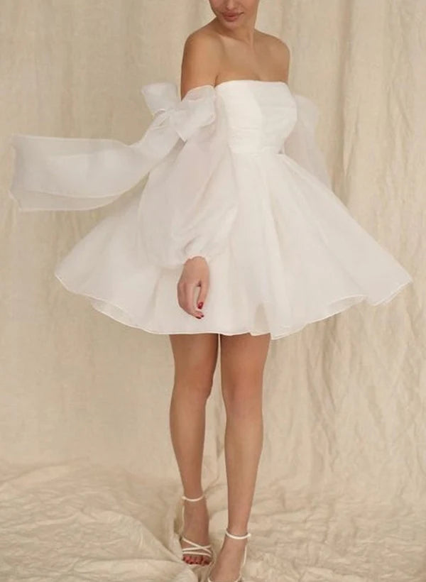Buyishang A-Line Puff Long Sleeves Short Wedding Dresses With Bows