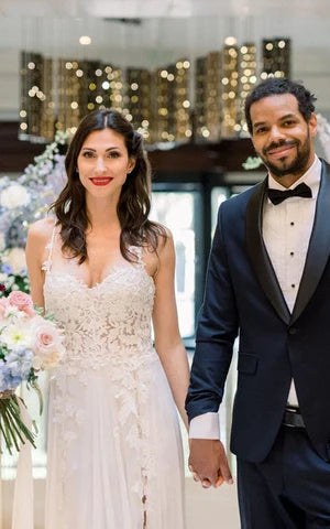 Buyishang Spaghetti A-Line Lace Bohemian Wedding Dress With Open Back And Split Front