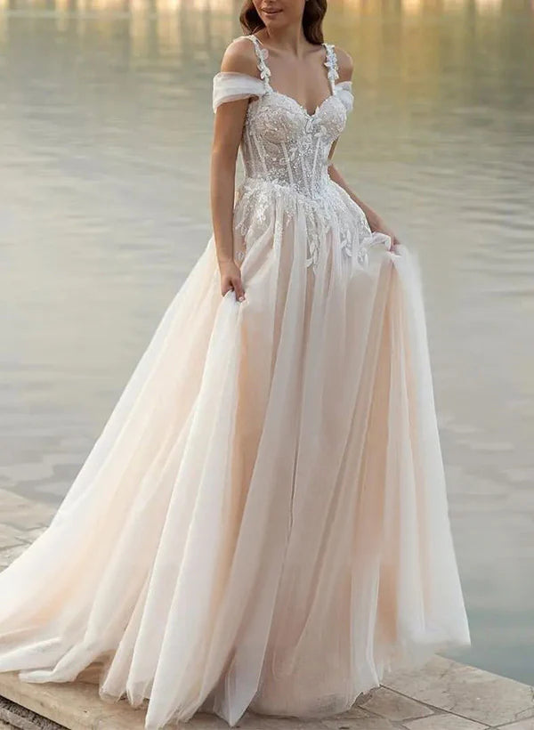 Buyishang A-Line Off-The-Shoulder Tulle Wedding Dresses With Appliques Lace