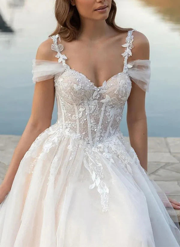 Buyishang A-Line Off-The-Shoulder Tulle Wedding Dresses With Appliques Lace