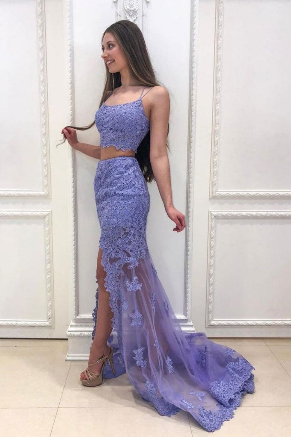 Two Piece Spaghetti Straps Lavender Lace Long Prom Dress