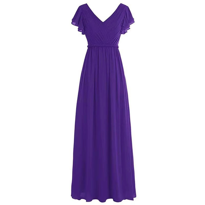 Buyishang A Line Chiffon Elegant V Neck Pleat Sashes Short Sleeve Bridesmaid Dresses Wedding Party Formal Prom Evening Lace Up Back ﻿