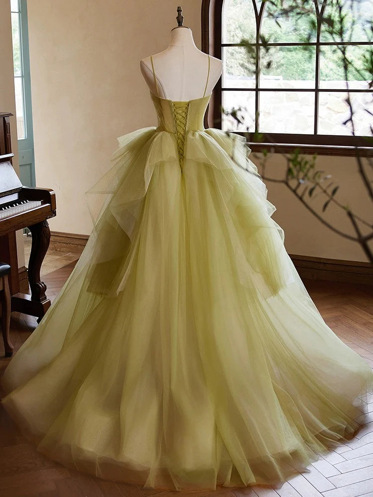 Buyishang A-Line Sweetheart Neck Tulle Green Long Prom Dress Green Long Formal Dress