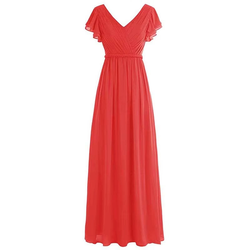 Buyishang A Line Chiffon Elegant V Neck Pleat Sashes Short Sleeve Bridesmaid Dresses Wedding Party Formal Prom Evening Lace Up Back ﻿