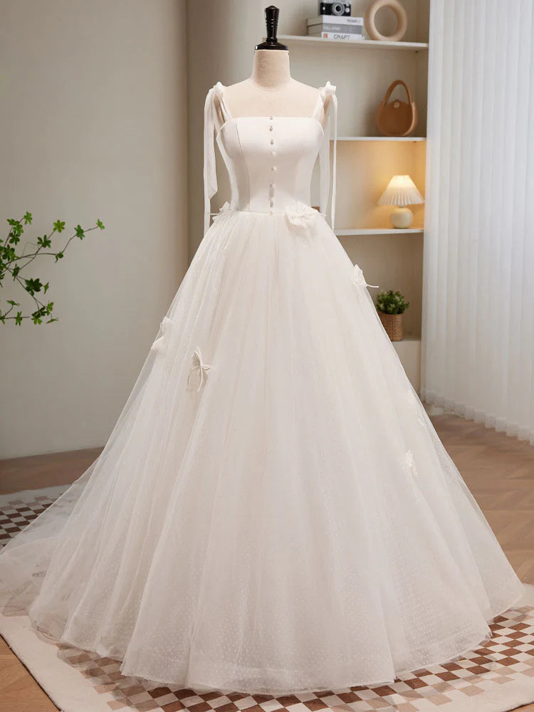 Buyishang White A-line Tulle Long Prom Dress White Tulle Formal Dress