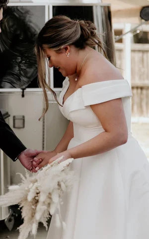 Buyishang Romantic Off-the-shoulder A-Line Satin Wedding Dress With Button Back