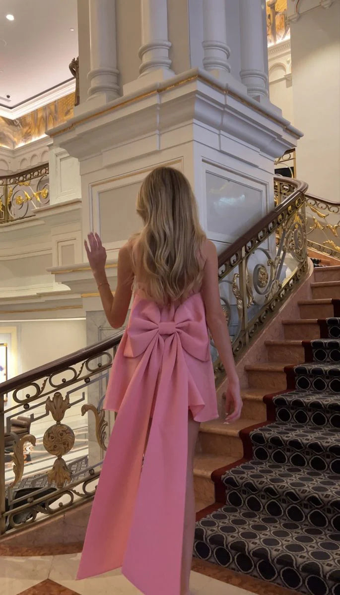 Buyishang 18th Birthday A Line Pink Satin Bow-knot Homecoming Dresses Short Mini Birthday Dress