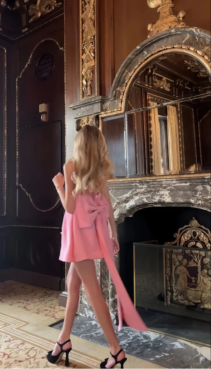 Buyishang 18th Birthday A Line Pink Satin Bow-knot Homecoming Dresses Short Mini Birthday Dress