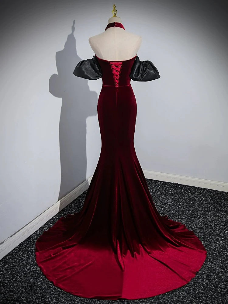 Buyishang Trumpet/Mermaid Velvet Burgundy Long Prom Dress with Beads