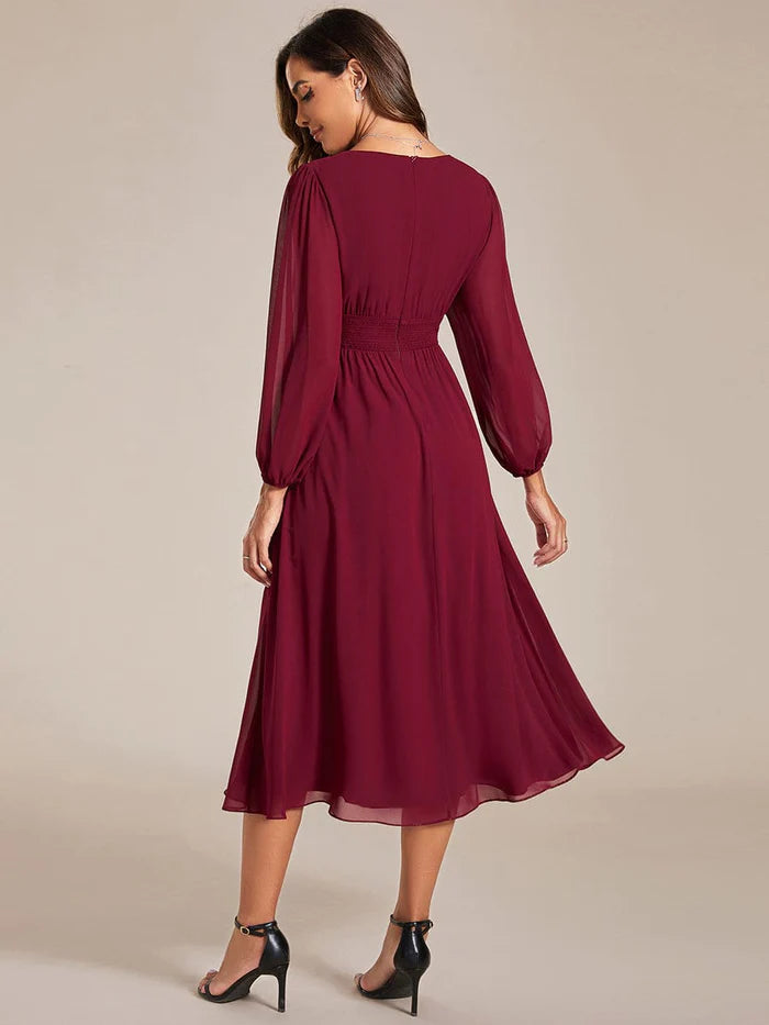 Chiffon V-Neck Long Sleeves  Band Midi Wedding Guest Dress