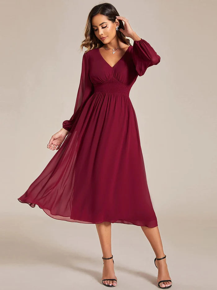 Chiffon V-Neck Long Sleeves  Band Midi Wedding Guest Dress