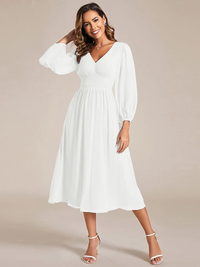Chiffon V-Neck Long Sleeves  Band Midi Wedding Guest Dress