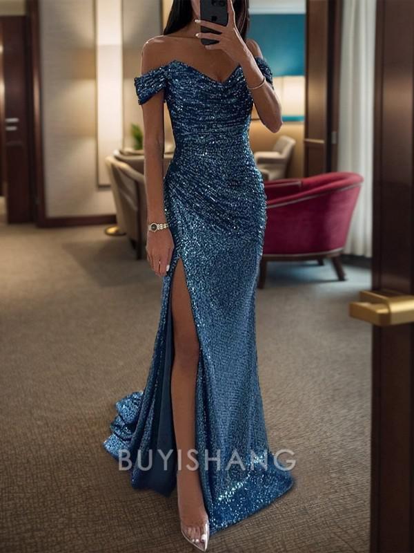 Buyishang Sheath/Column Ruched Off-the-Shoulder Sleeveless Sweep/Brush Train Dresses