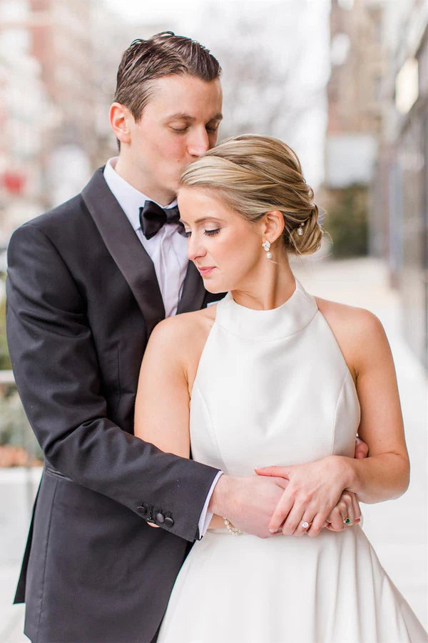 Buyishang White Halter A-line Satin Wedding Dress with Buttons