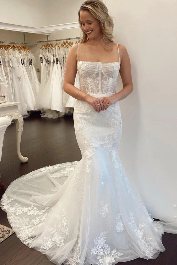 Buyishang White Lace Spaghetti Straps Mermaid Long Wedding Dress