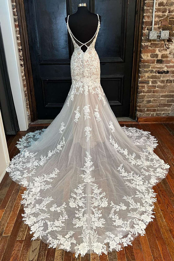 Buyishang Off White Appliques Backless Mermaid Long Wedding Dress