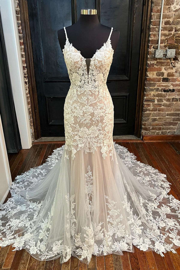 Buyishang Off White Appliques Backless Mermaid Long Wedding Dress