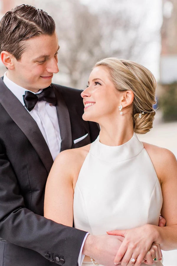 Buyishang White Halter A-line Satin Wedding Dress with Buttons